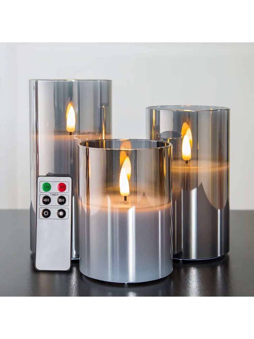 New Smoke Grey Glass Flameless Pillar Candles with Remote